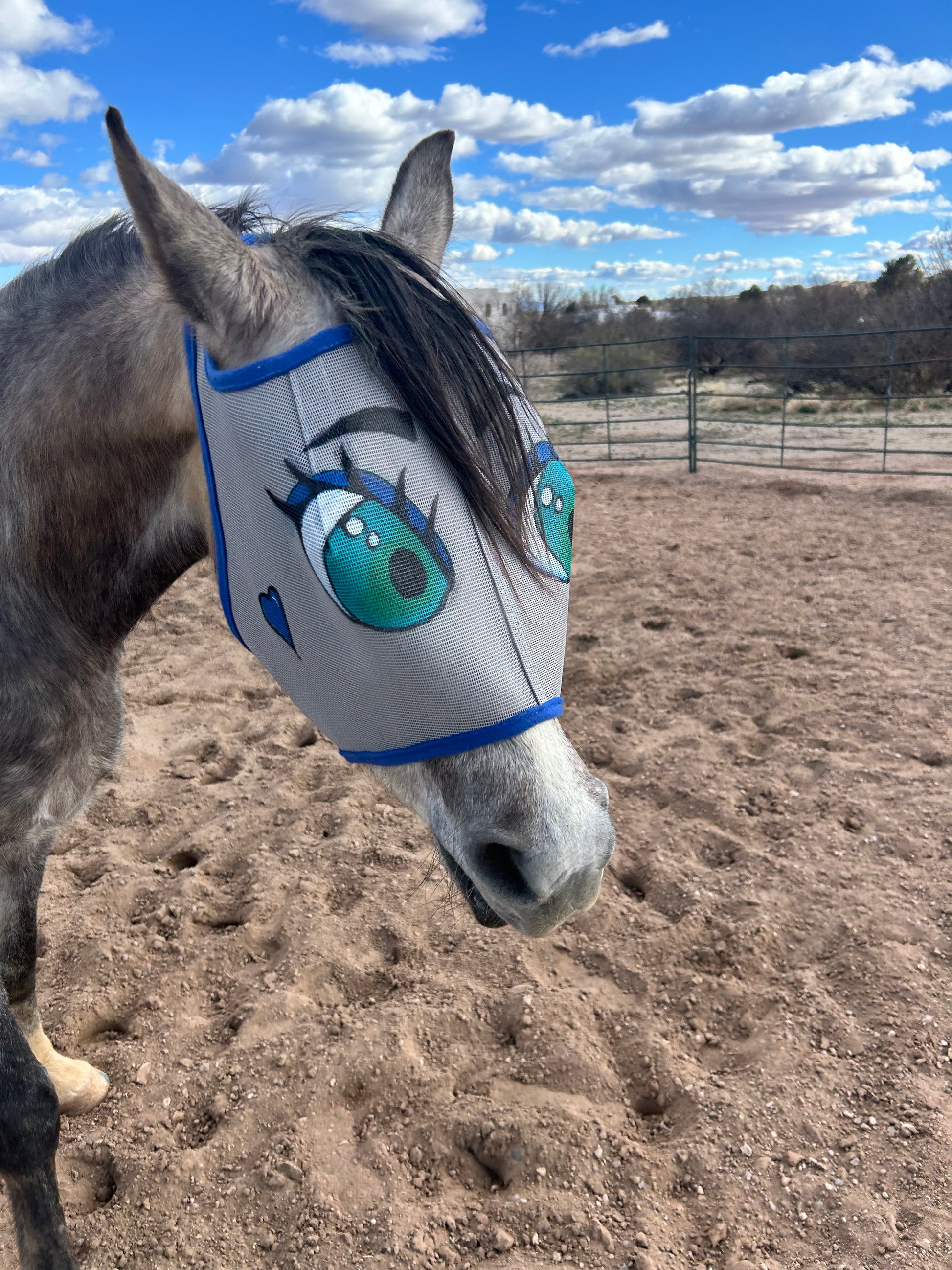 Grey horse with green cartoon eyes.